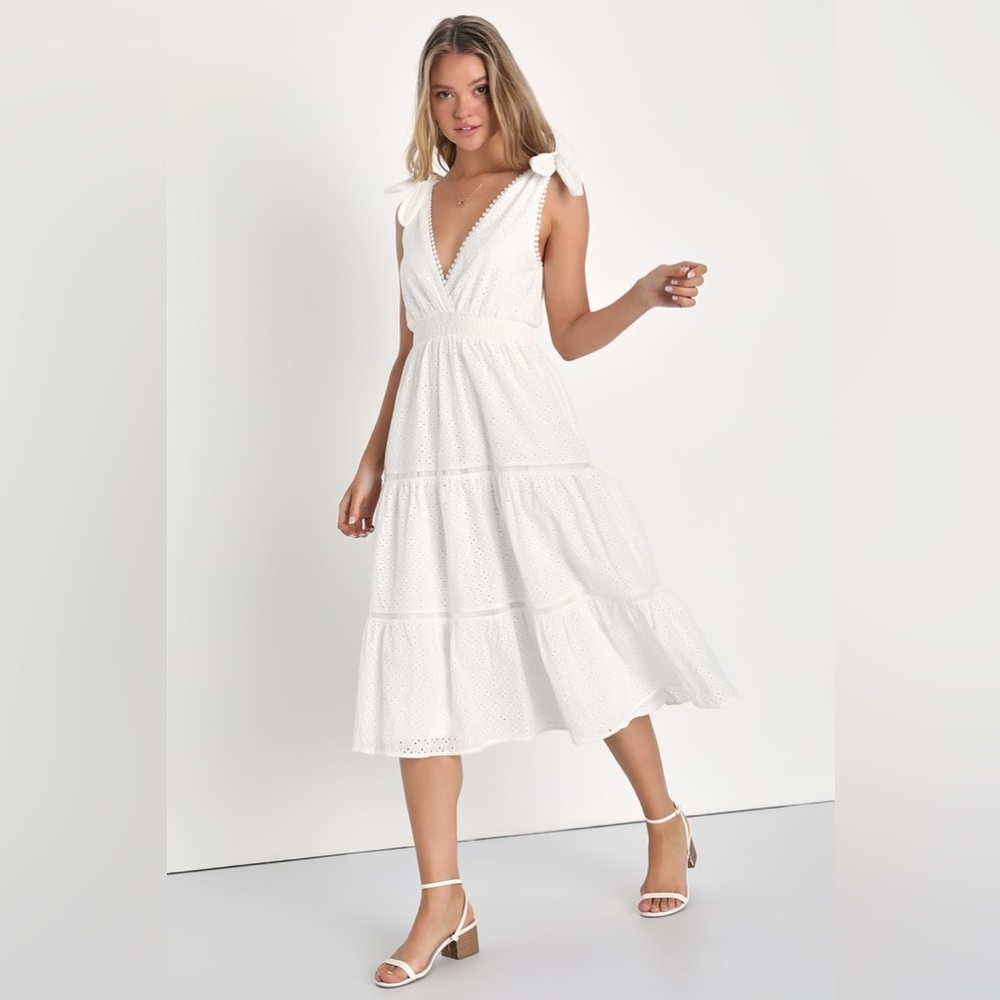 LULUS Madrid Magic White Eyelet Tie-Strap Midi Dress With Pockets New With Tags